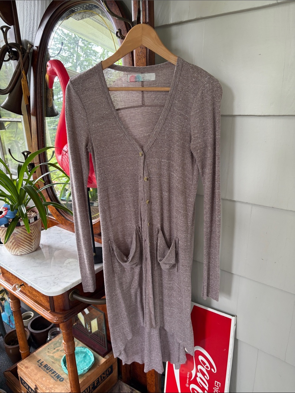 Long Sleeve Button-Front Knit Cardigan Dress in Taupe